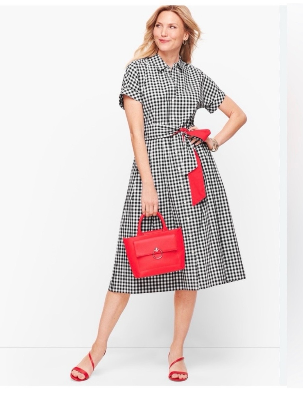 Talbots women’s 12 Black & White Gingham Shirt Dress with Red Tie Accent
